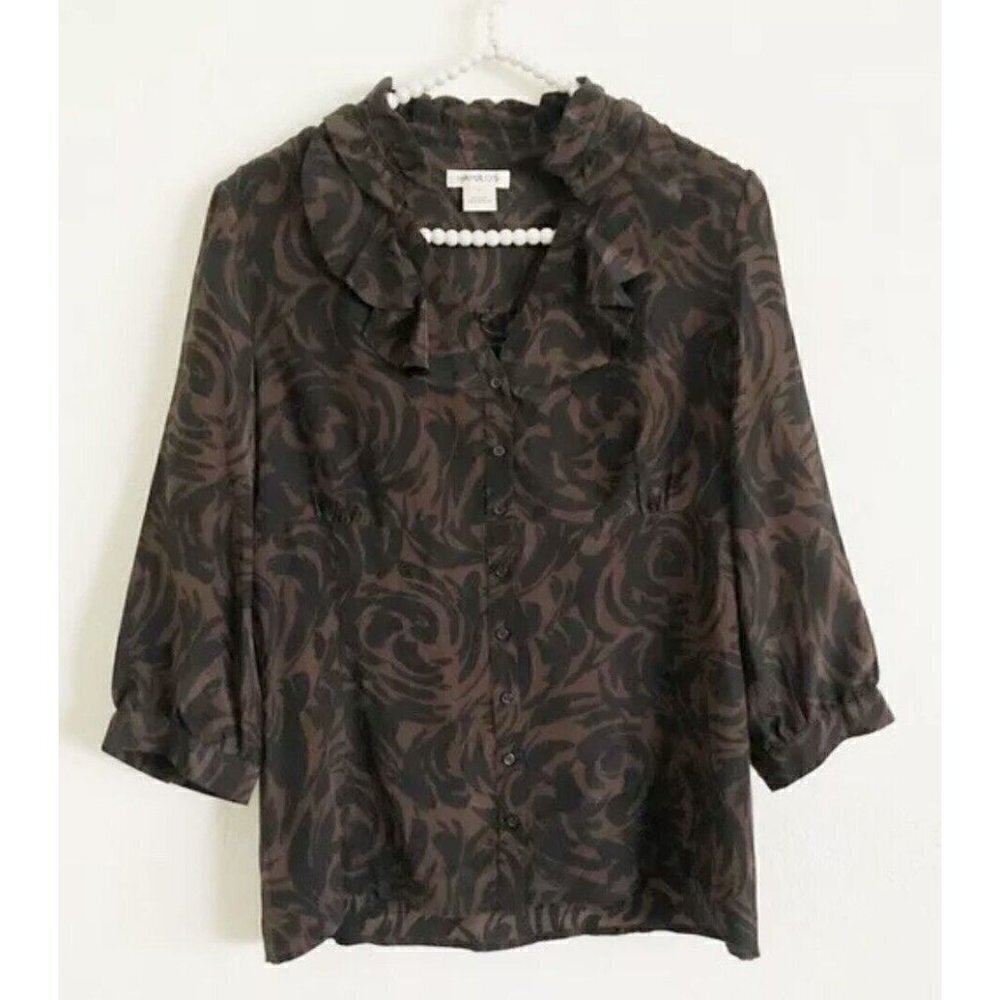 Harold's Sz S Brown Black Silk Floral Ruffle Collar Button Up Shirt Blouse Women